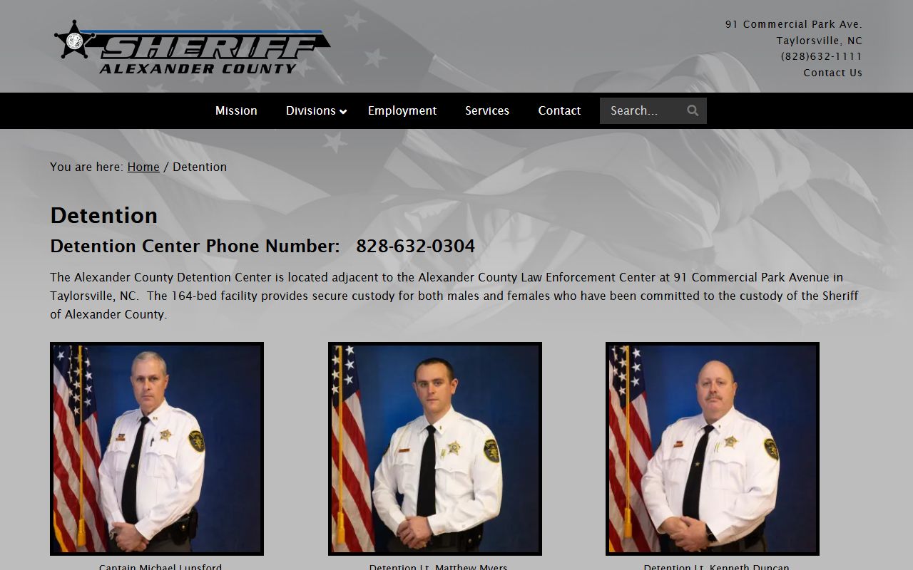 Alexander County Detention Center page showing inmate population information