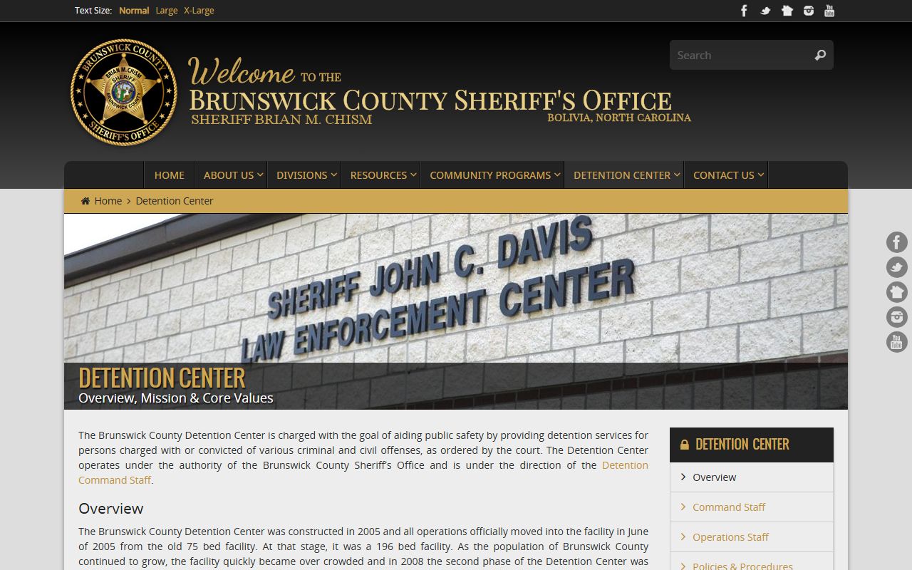 Brunswick County Detention Center website showing inmate population details
