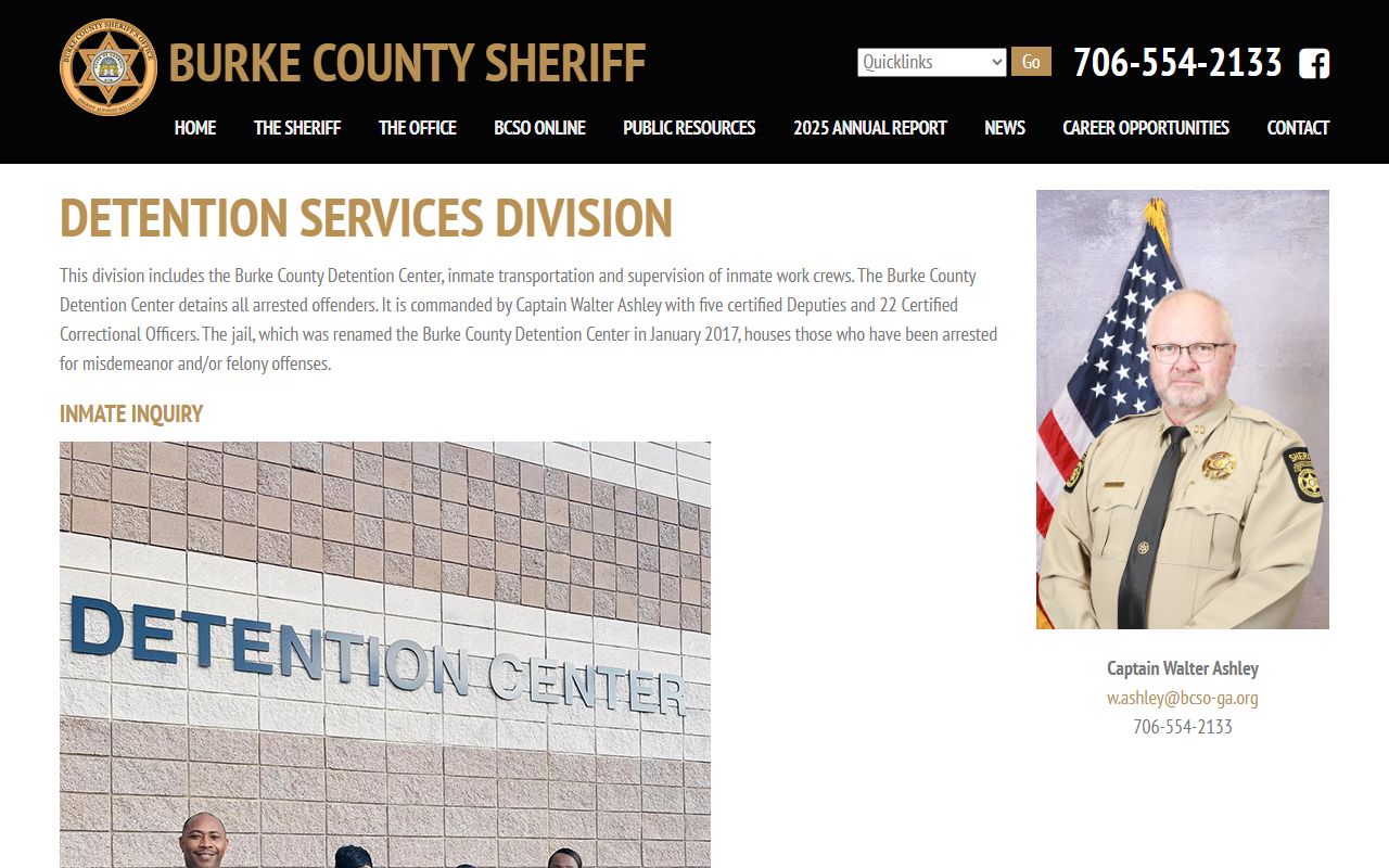 Burke County Detention Center page with inmate population search tools