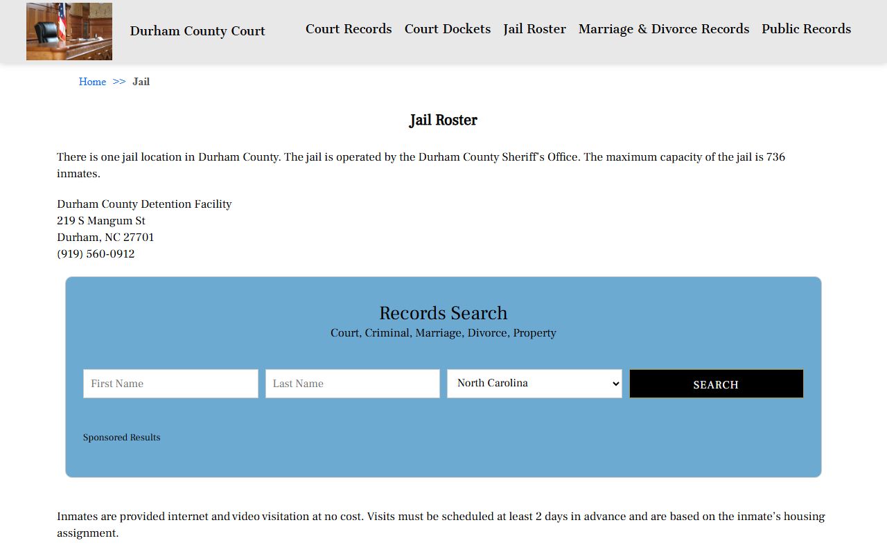 Durham County jail roster page for inmate population searches