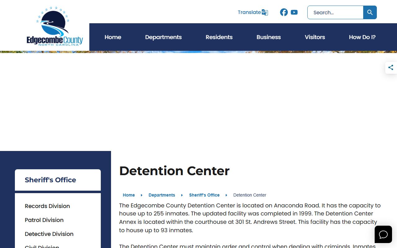 Edgecombe County Detention Center page for inmate population information