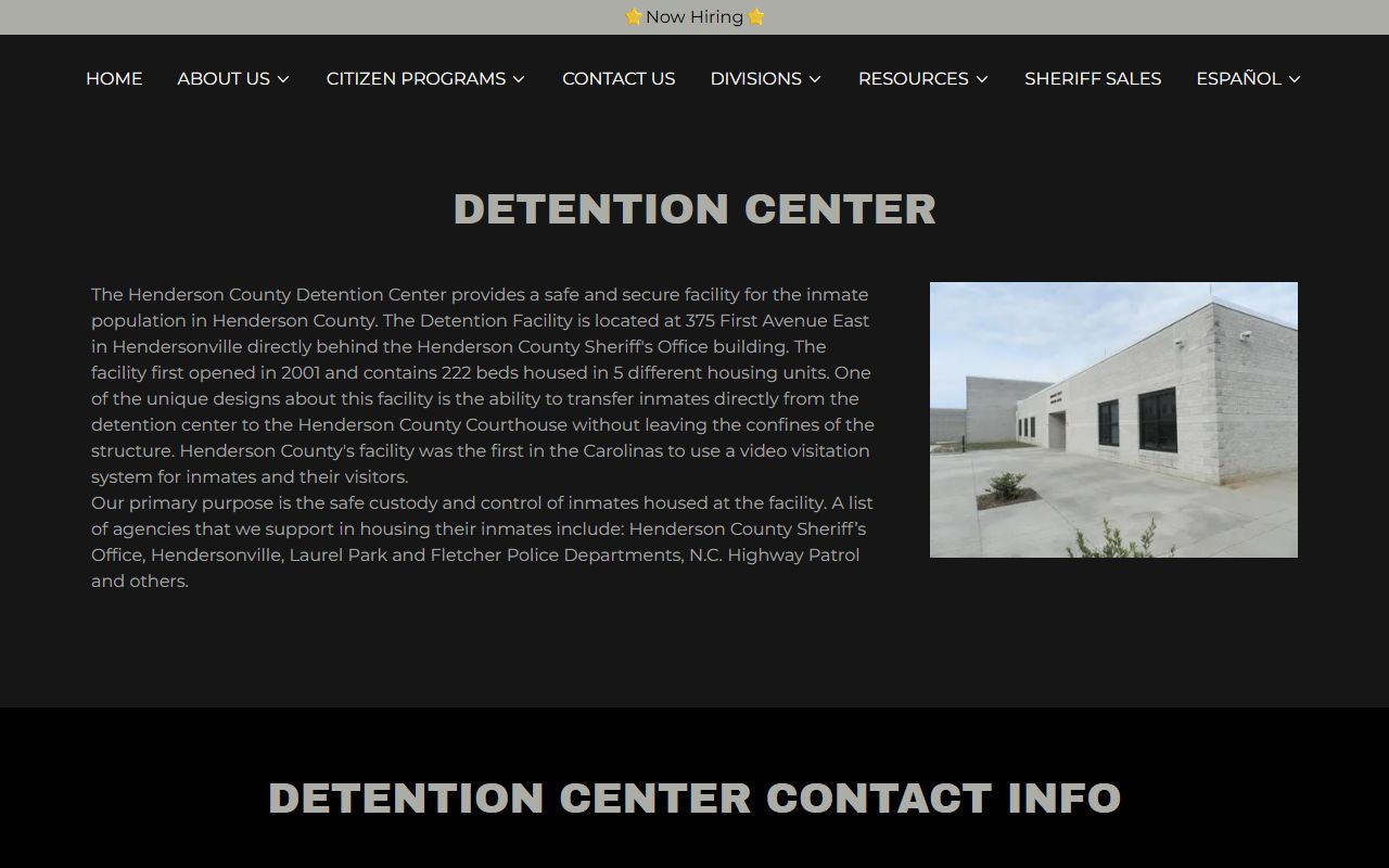 Henderson County Sheriff's Office detention center page for inmate population data