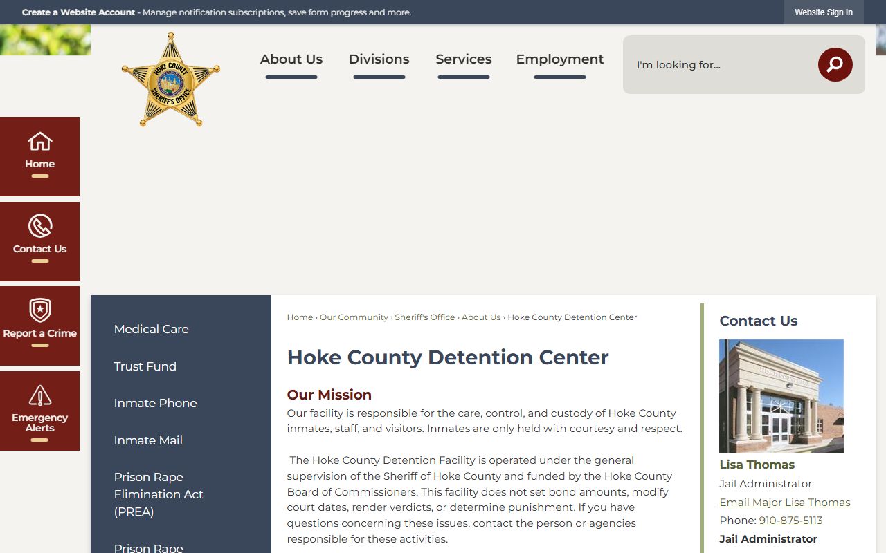 Hoke County Detention Center page for inmate population information