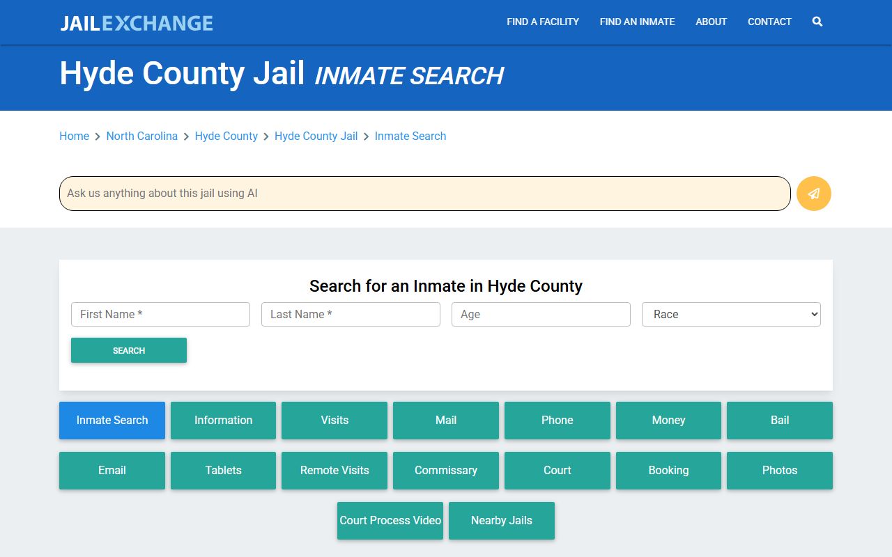 Hyde County jail information page for inmate population searches