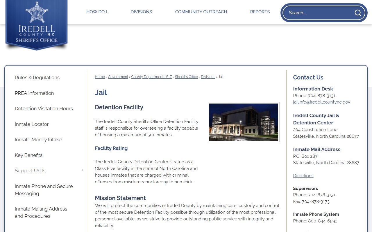 Iredell County Sheriff's Office jail and detention center page for inmate population data