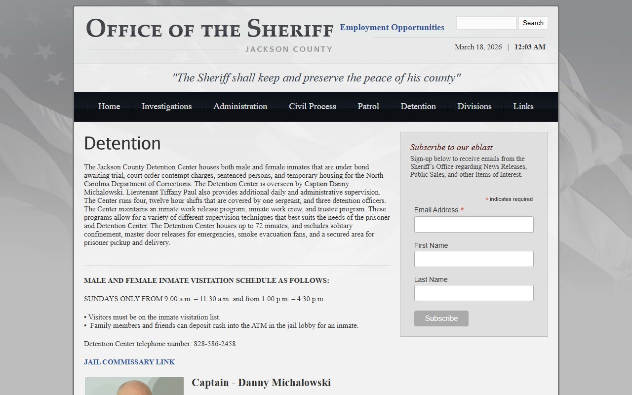 Jackson County Sheriff's Office detention center page for inmate population data