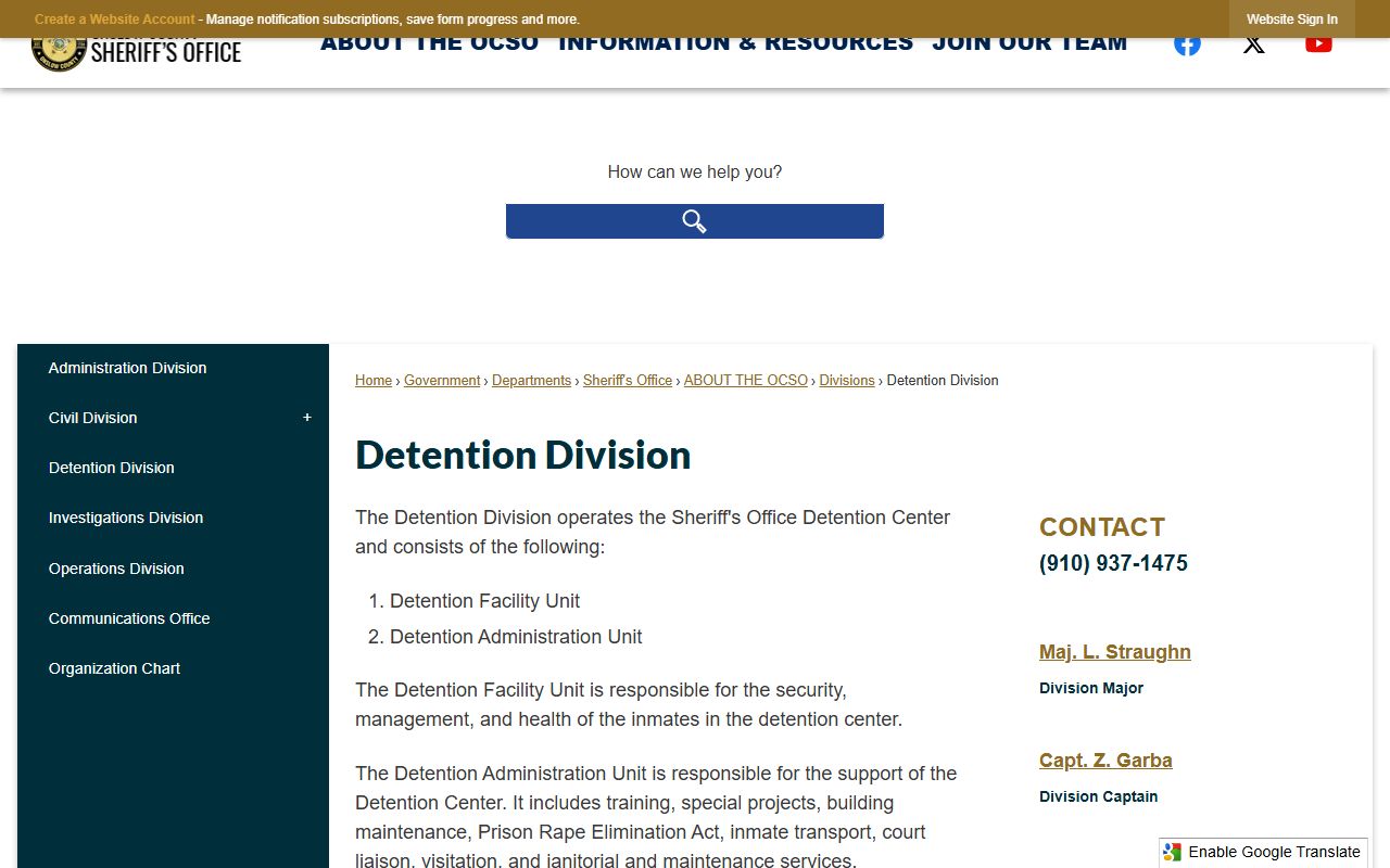 Onslow County Detention Division page for inmate population information