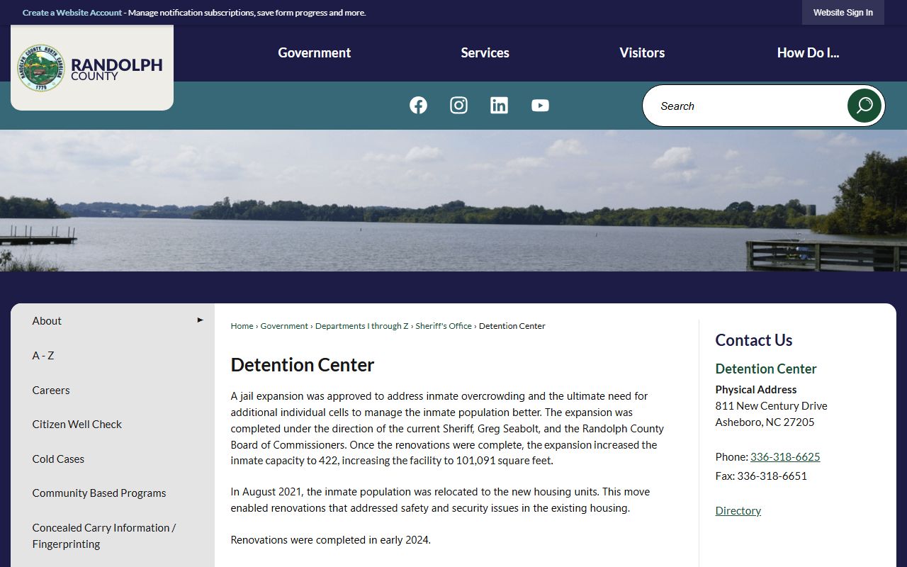 Randolph County Detention Center page for inmate population records