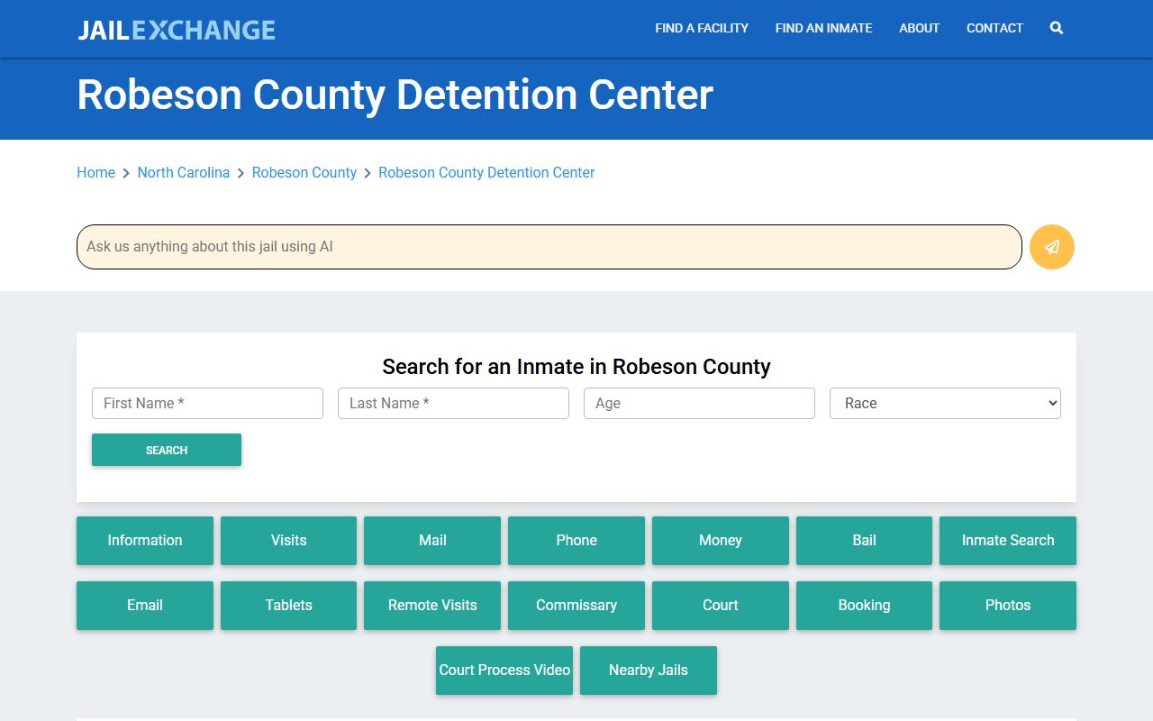 Robeson County Detention Center listing for inmate population searches