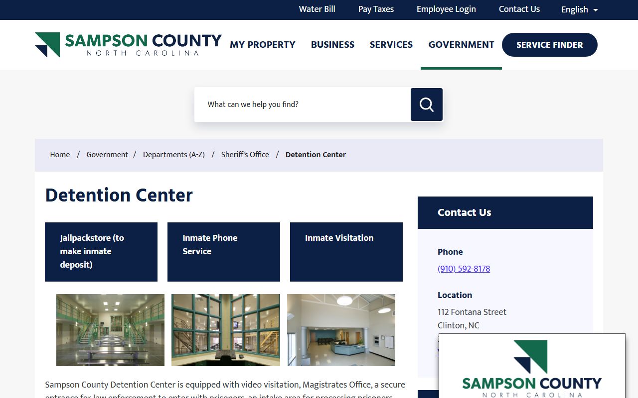 Sampson County Sheriff's Office detention center page for inmate population records