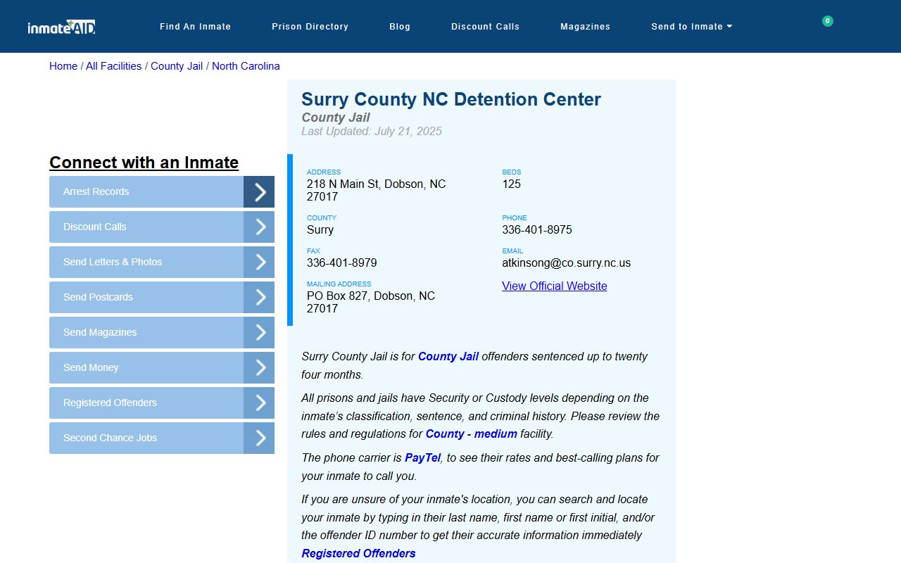 Surry County detention center information page for inmate population data