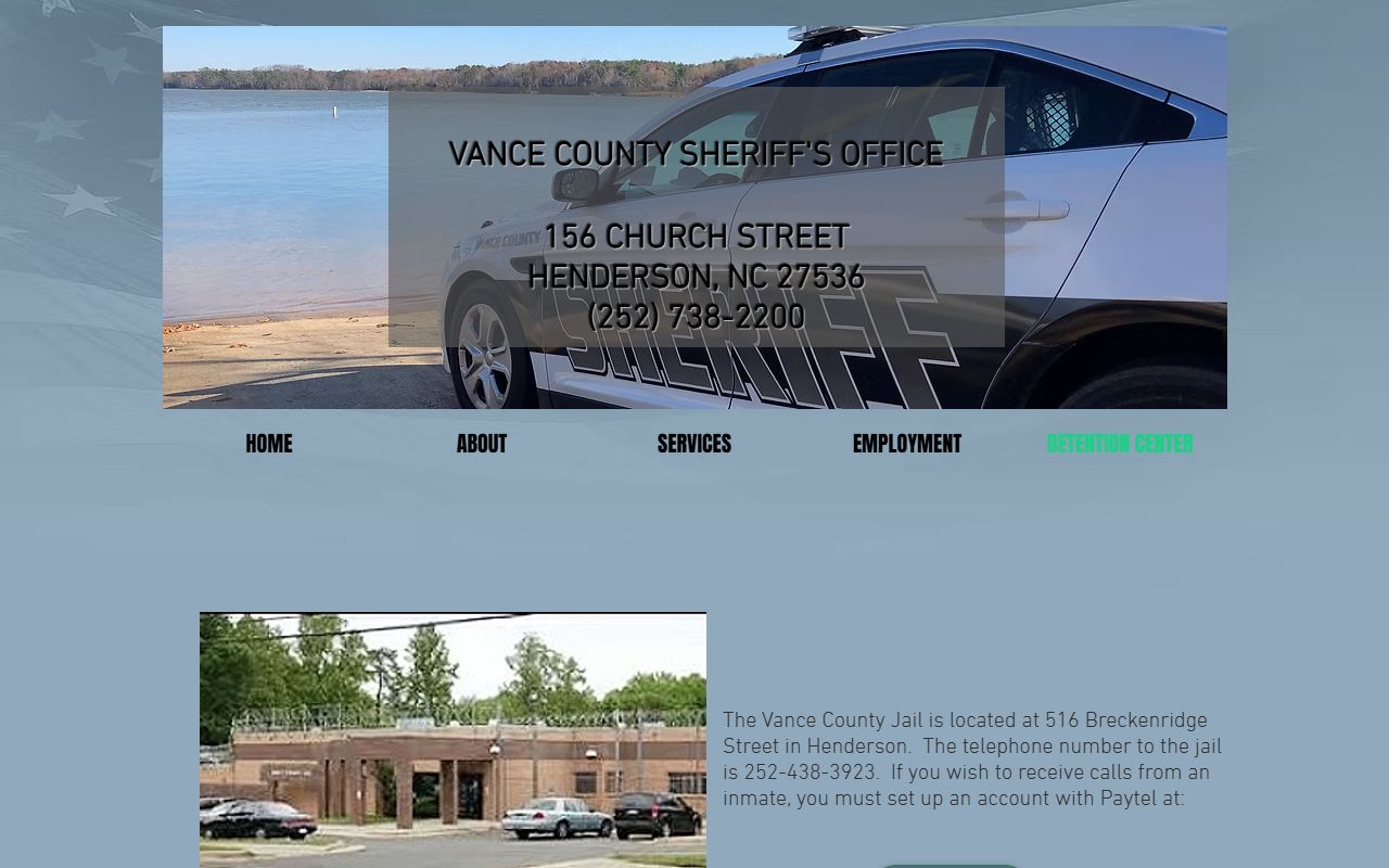 Vance County Sheriff detention center page showing inmate population resources