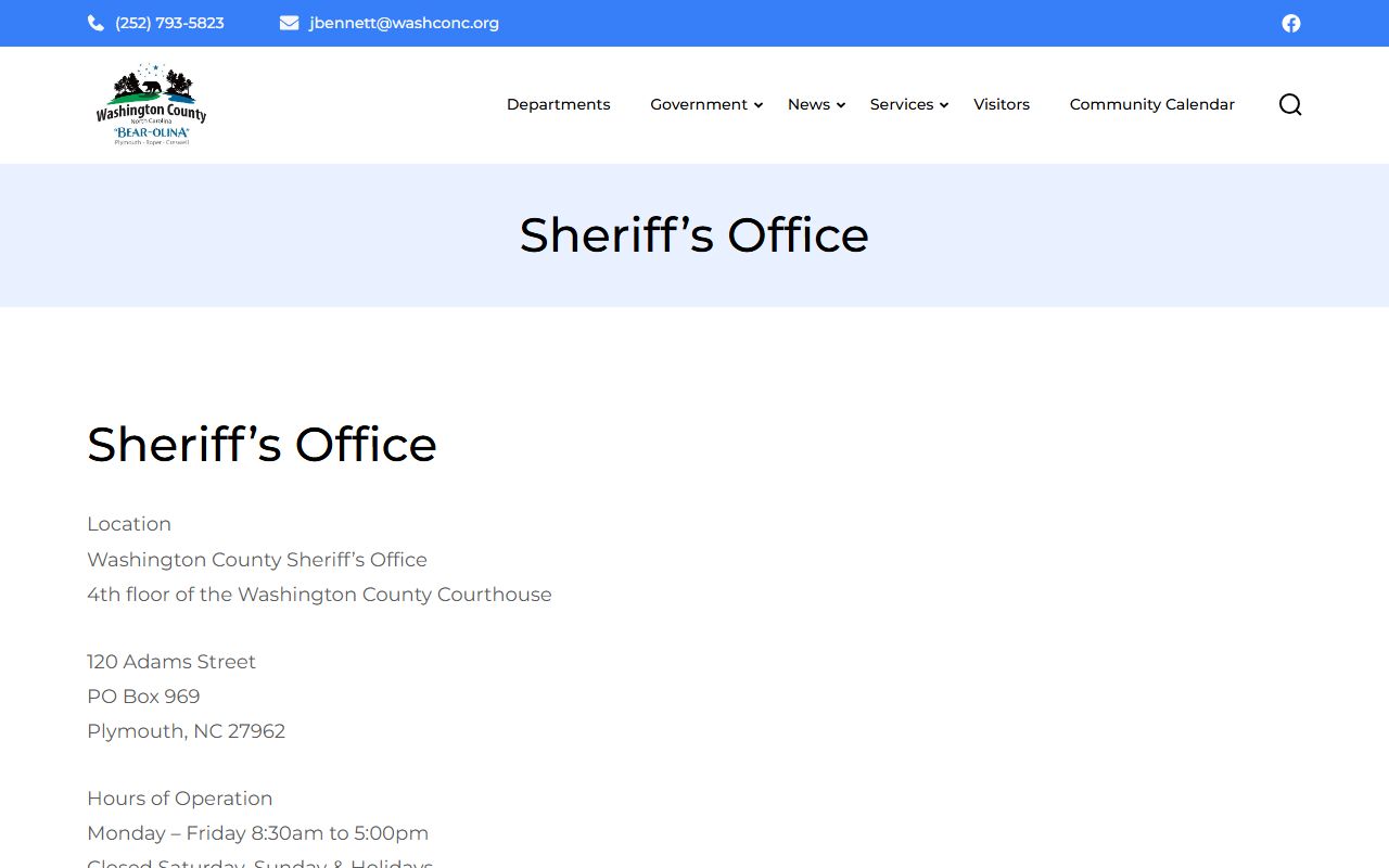 Washington County Sheriff's Department website showing inmate population resources