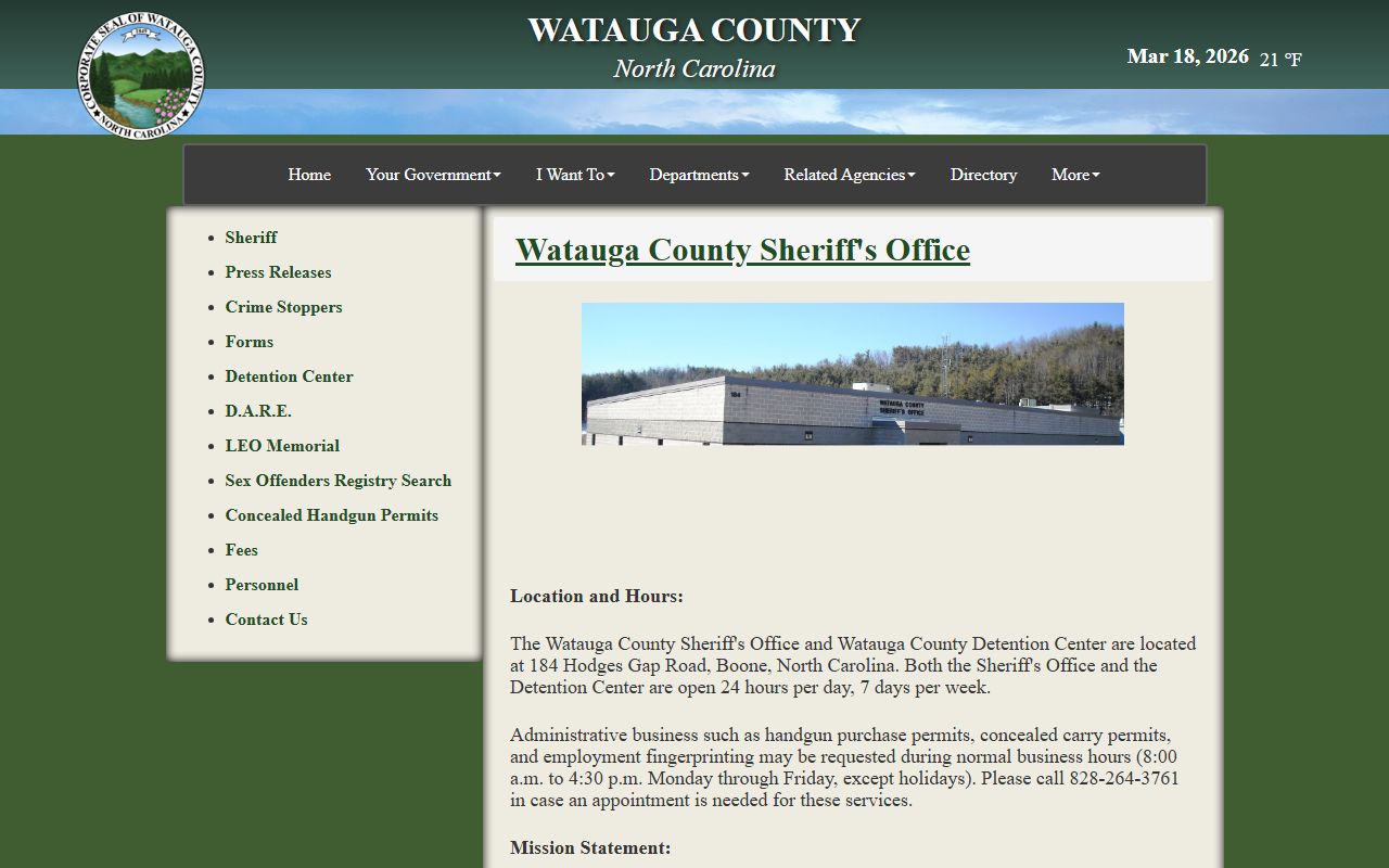 Watauga County Sheriff's Office website with inmate population information