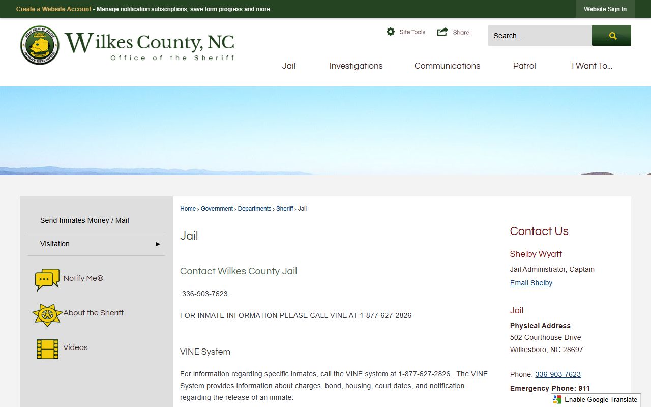 Wilkes County Jail website showing inmate population details