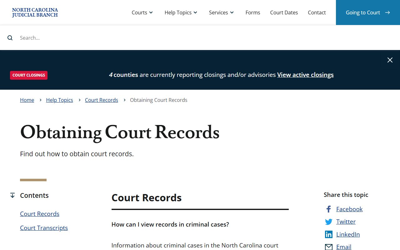 North Carolina courts records page for obtaining inmate population data