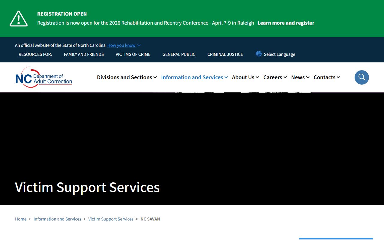 NC SAVAN victim notification program for North Carolina inmate population