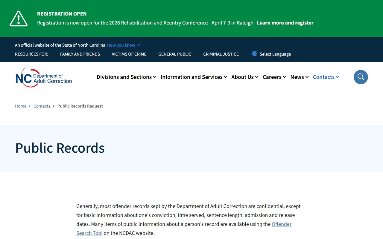 NCDAC public records page for North Carolina inmate population