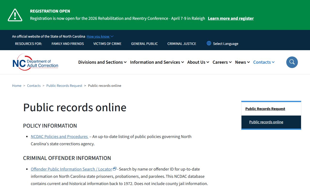NCDAC public records online portal for North Carolina inmate population data