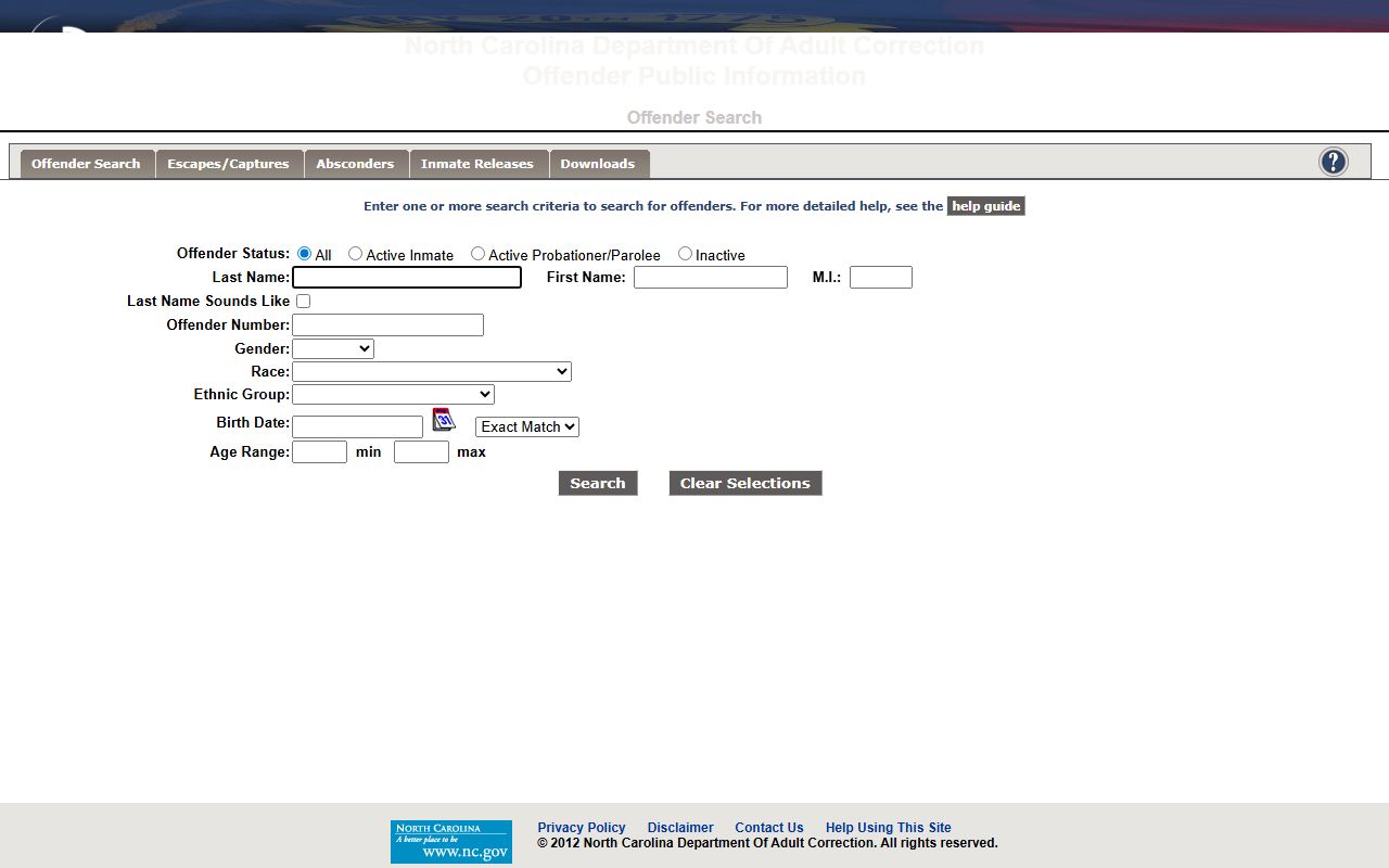 North Carolina offender search portal for inmate population records