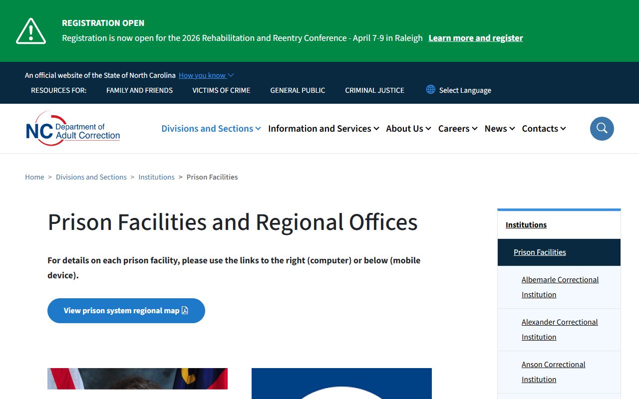 North Carolina prison facilities directory for inmate population records